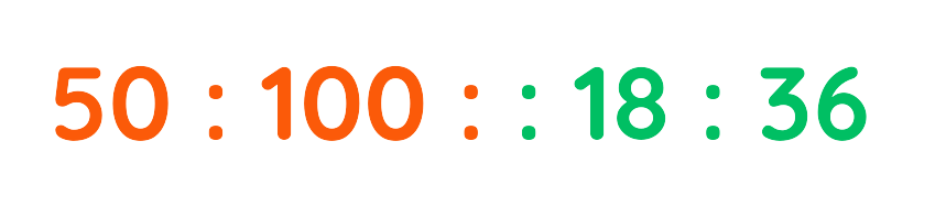 Proportional relationship shown using 50:100 :: 18:36 notation to represent equal ratios