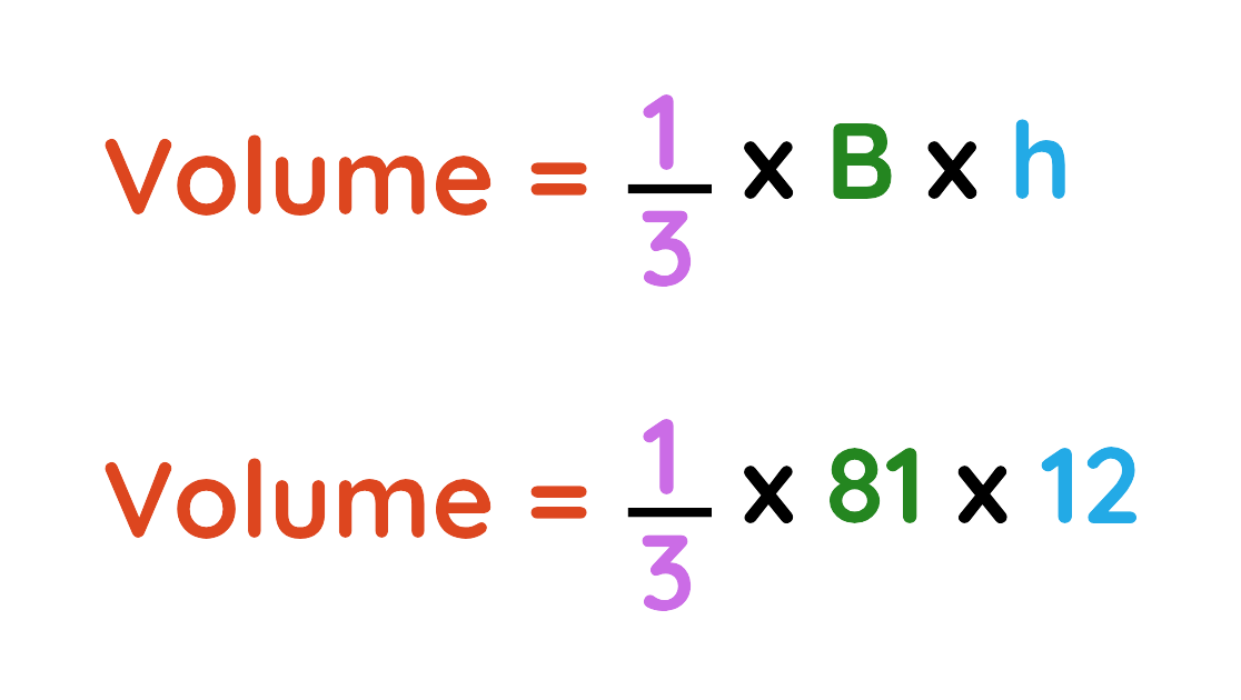 olume formula for a pyramid with a worked example using base area 81 and height 12