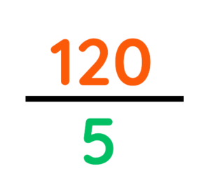A simple fraction showing the Ratios 120 over 5 in bold colours