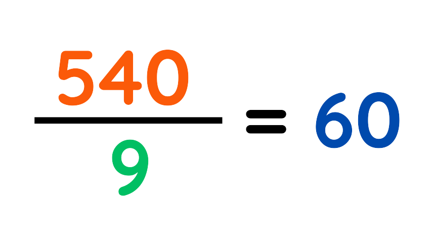 Division of 540 by 9 equals 60 shown with coloured numbers