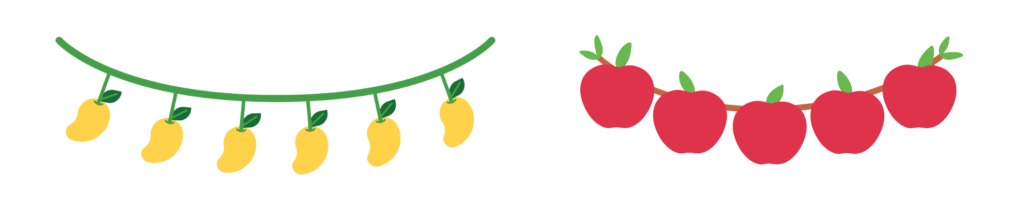 Two fruit garlands showing 5 apples and 6 mangoes used to compare Ratios.