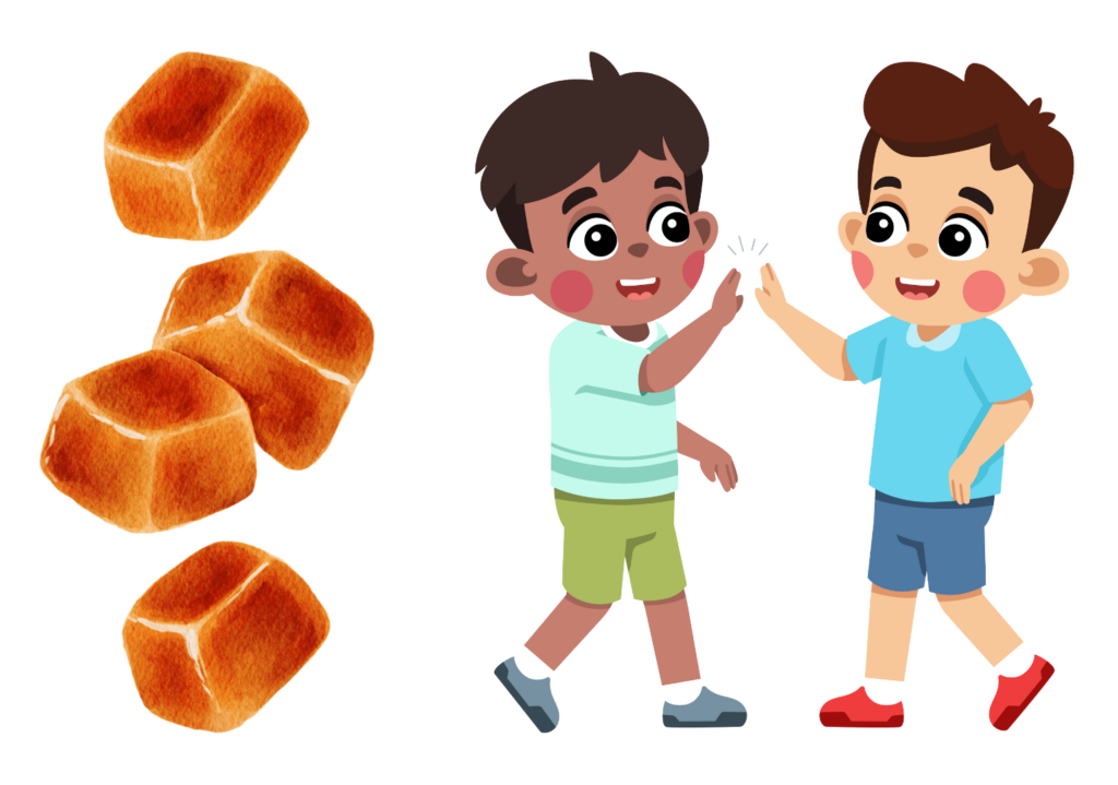 Four bread buns shared between two smiling cartoon children