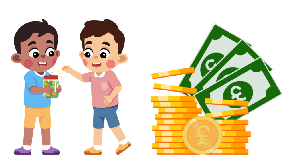 Illustration of two children sharing money with a stack of coins and currency notes