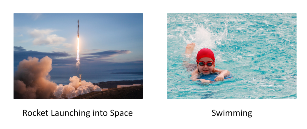 A visual representation of Newton's Third Law of Motion, showing a rocket launching into space and a person swimming. For every action, there is an equal and opposite reaction.