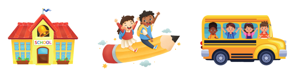 Cartoon illustration showing a school building, two children flying on a pencil, and a bus with school kids