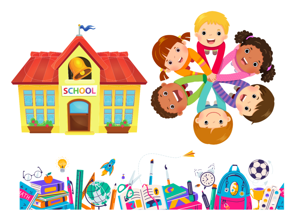 Illustration of school building, six diverse children, and colourful school supplies for teaching ratios
