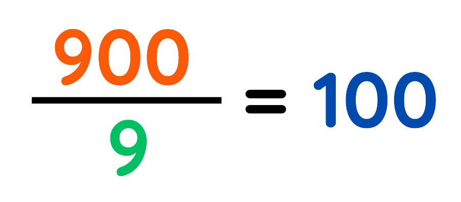 Ratio simplification example showing 900 divided by 9 equals 100
