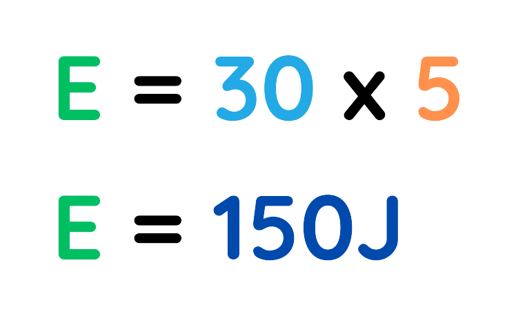An image showing the work-energy formula with an example: E = 30 × 5, resulting in E = 150 joules.