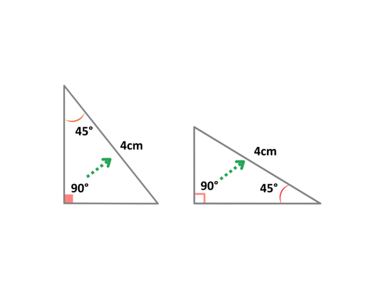 Two right-angled triangles each with a 45° angle and same hypotenuse, demonstrating congruence using RHS rule
