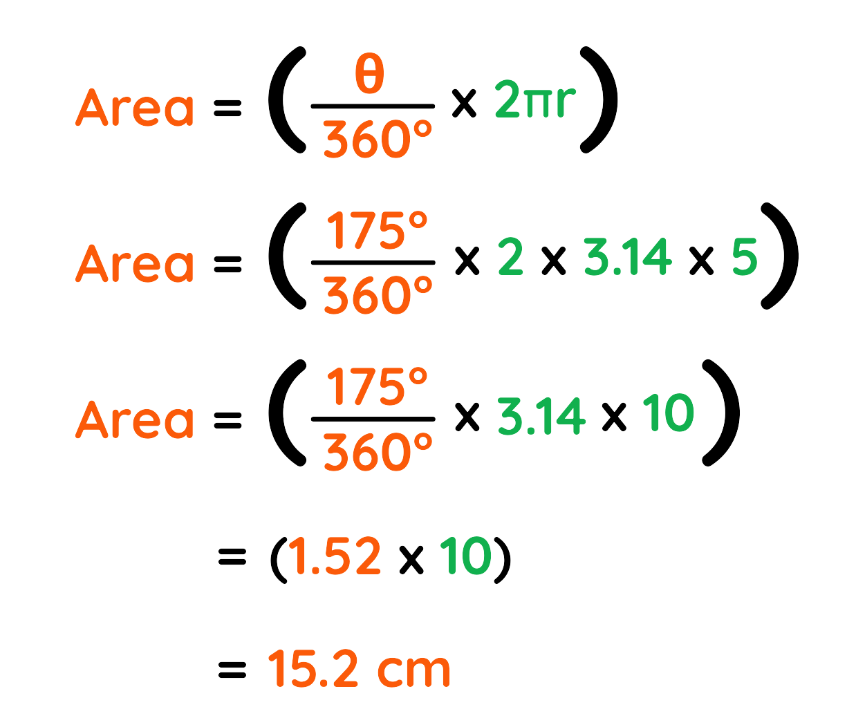 Sectors of Circles: Step-by-step calculation of arc length for a sector with 175 degrees and radius 5 cm