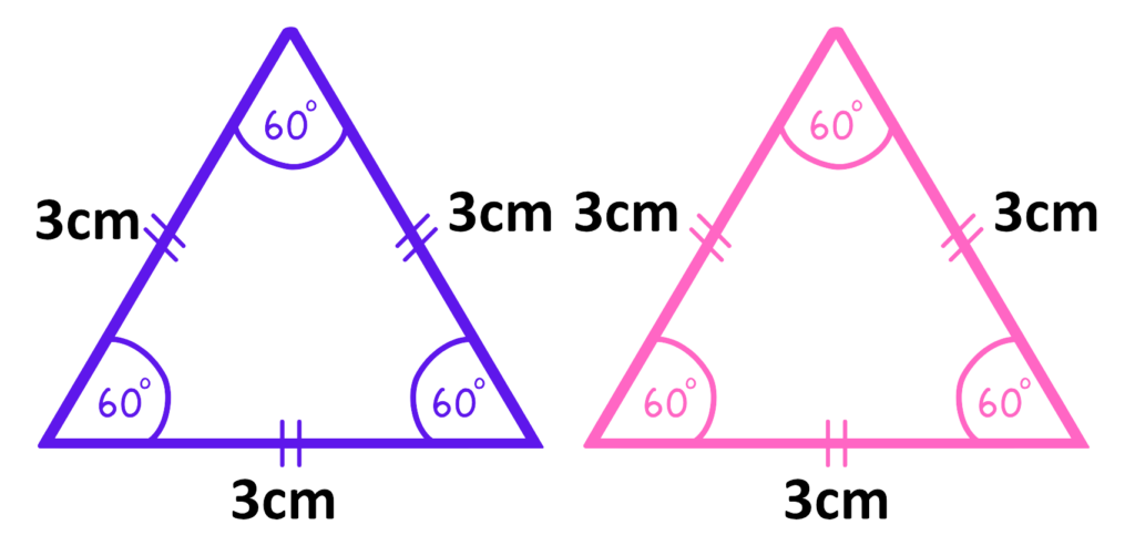 Two equilateral triangles with equal sides and 60-degree angles showing congruence