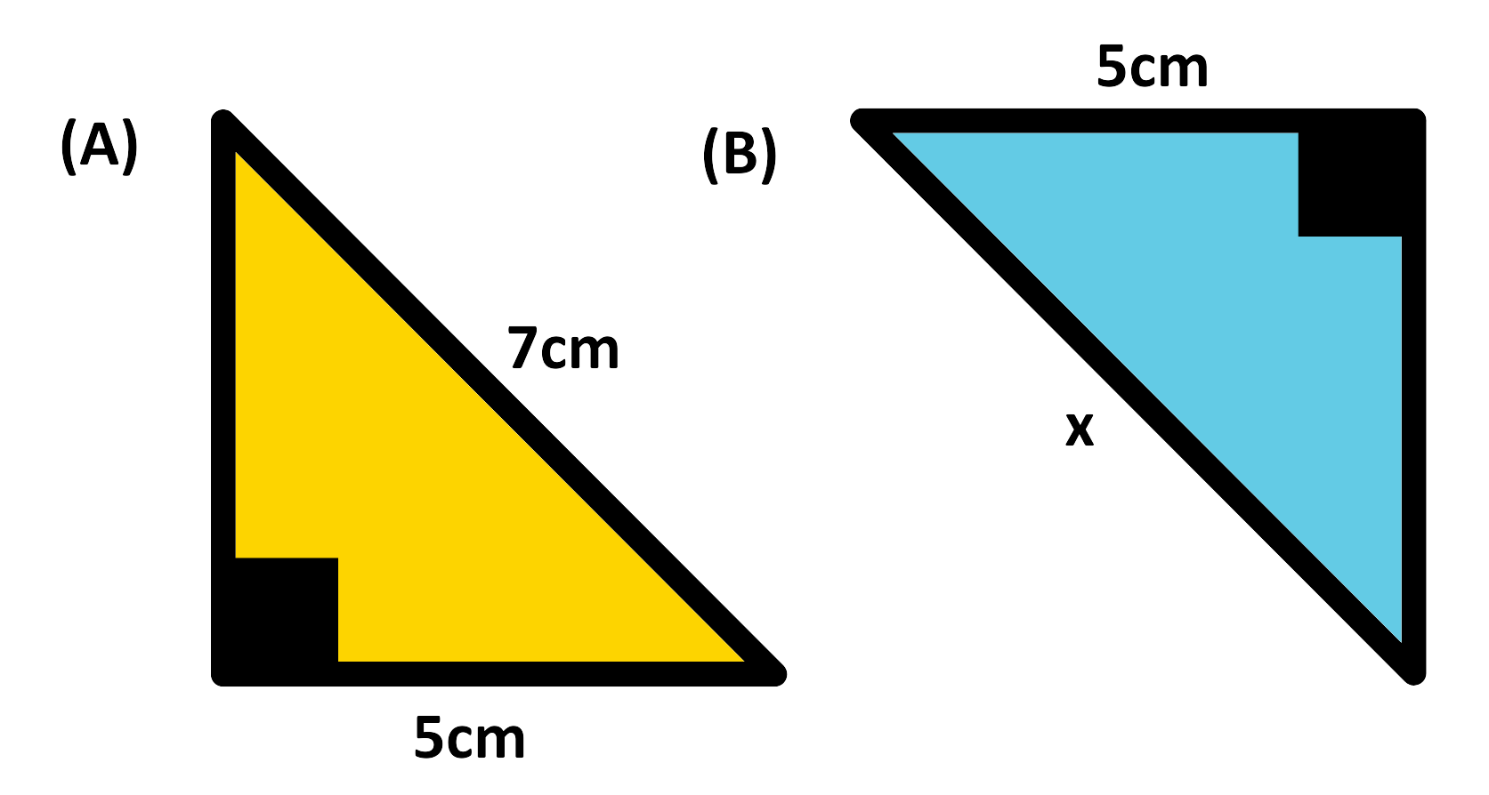 Two right-angled triangles with matching 5 cm sides, one with missing side x to determine congruence