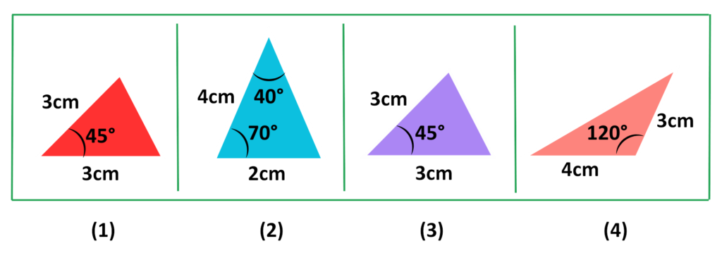 Four triangles with pairs of equal sides and angles for comparing congruence using the ASA rule