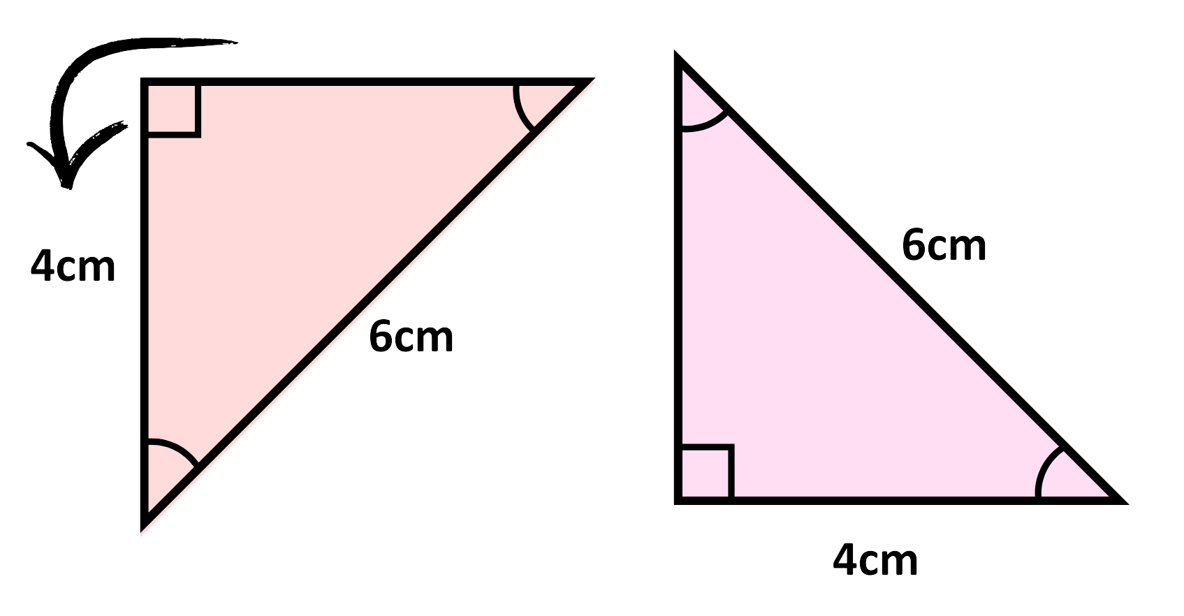 Two right-angled triangles with 4 cm and 6 cm sides shown in different orientations, demonstrating congruence using the RHS rule
