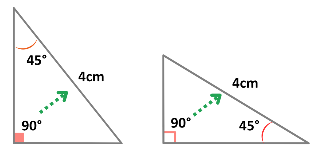 Two right-angled triangles with 4 cm hypotenuse and 45-degree angles showing congruence using RHS rule