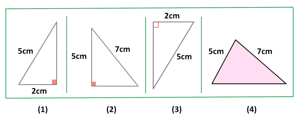 Four triangles with side lengths and right angles shown for checking congruence using the RHS rule