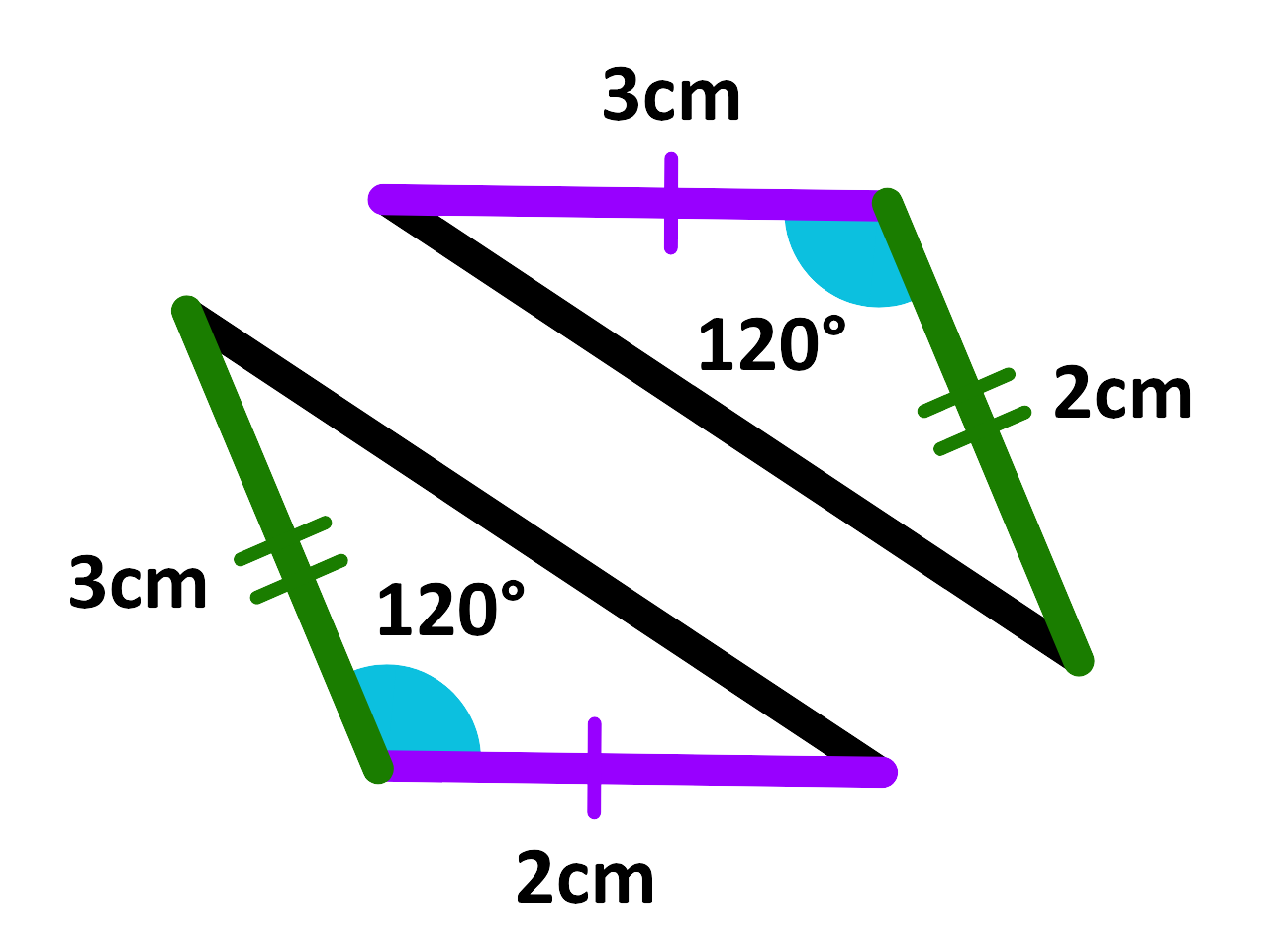 Two triangles with 3 cm and 2 cm sides and a 120-degree angle showing congruence using SAS rule