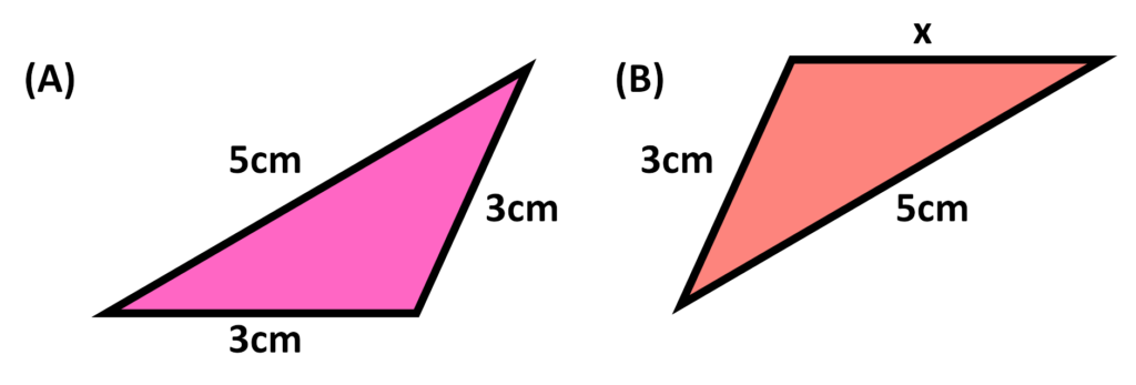 Two triangles with two matching sides labeled, one with missing side x to test for congruence using SSS rule