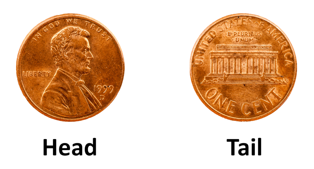 A coin showing head on one side and tail on the other for probability experiment