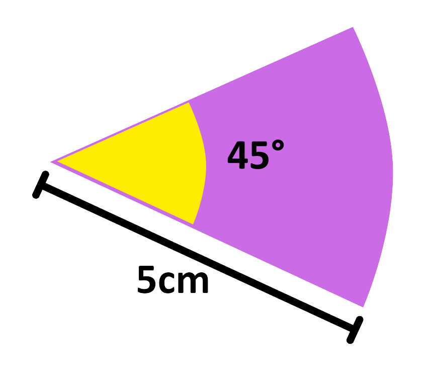Sectors of Circles with 45 degree angle and 5 cm radius, with coloured arc and segment