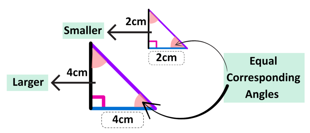 Two right-angled triangles with equal corresponding angles and proportional side lengths