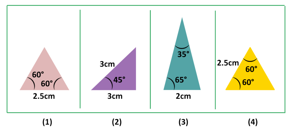 Four triangles showing combinations of side lengths and angles for comparing congruence using ASA rule