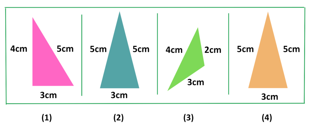 Four triangles with different side lengths for identifying congruent pairs based on SSS rule