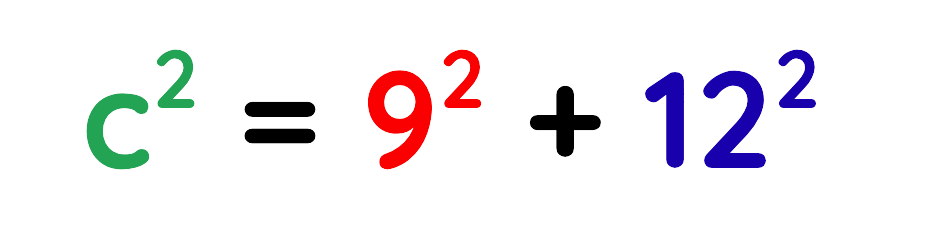 Equation showing c squared equals 9 squared plus 12 squared using Pythagoras theorem