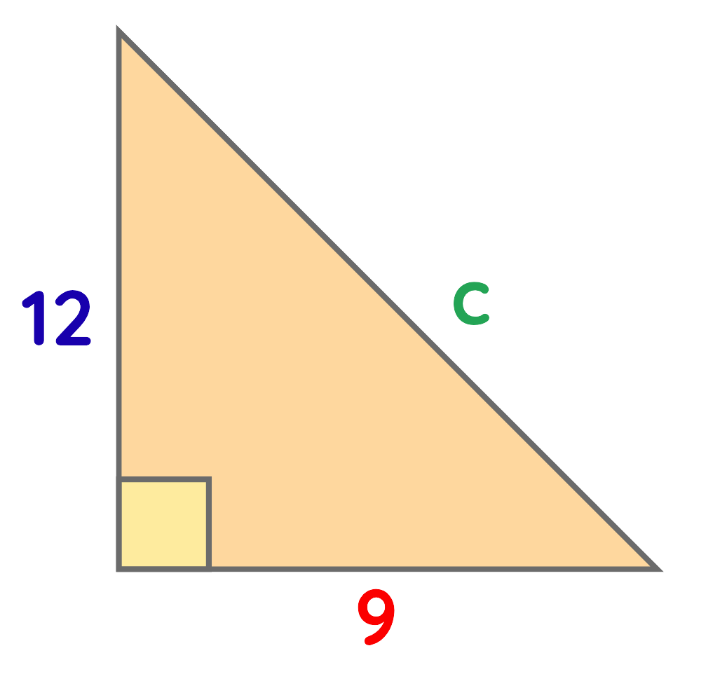 Right angled triangle with sides 9 cm and 12 cm to find hypotenuse using Pythagoras theorem
