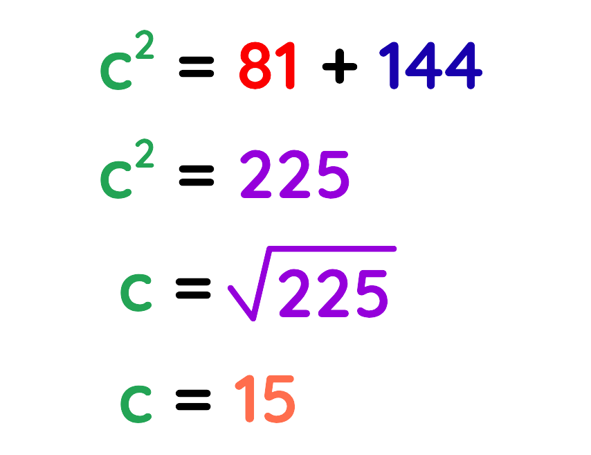 Pythagoras theorem calculation showing c squared equals 81 plus 144 equals 225 square root is 15