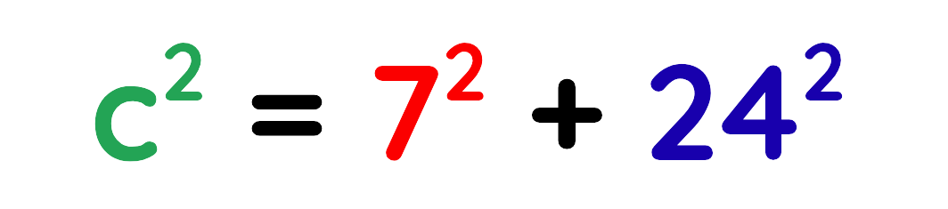 Pythagoras theorem formula showing c squared equals 7 squared plus 24 squared