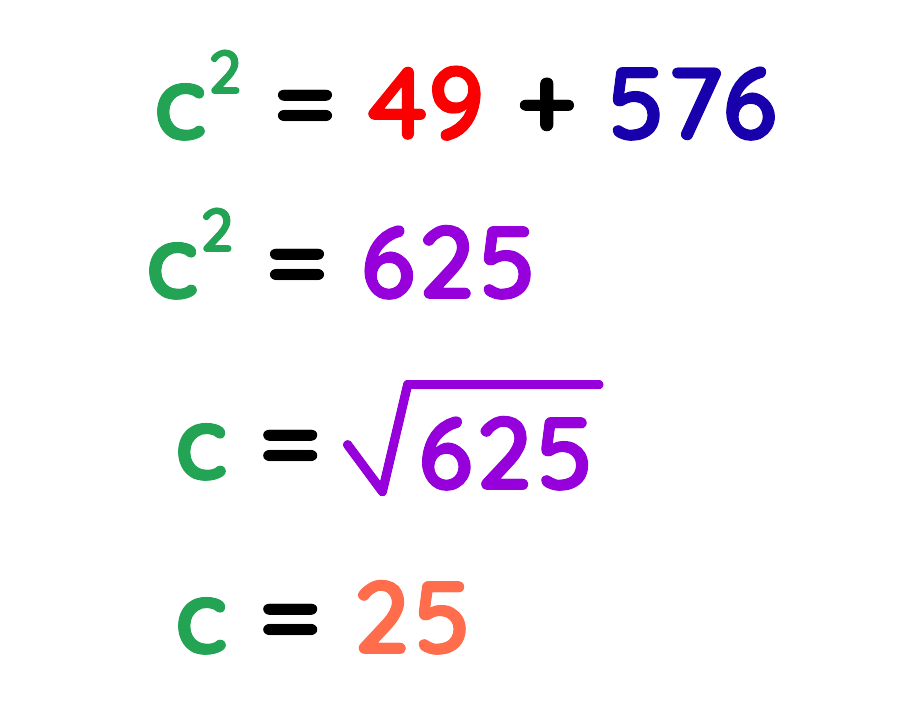 Pythagoras theorem calculation showing c squared equals 625 and c equals 25