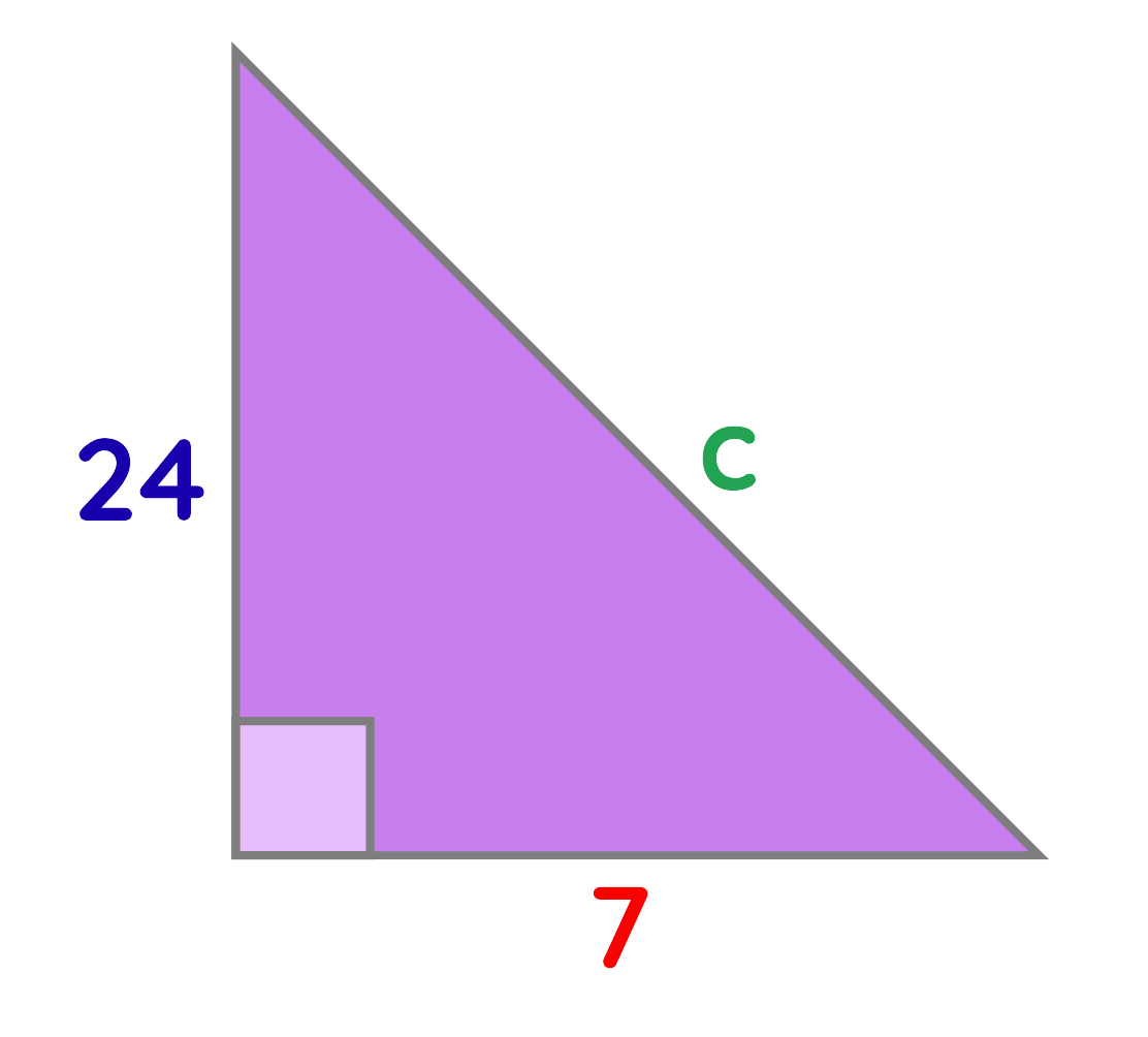 Right-angled triangle with sides 7 cm and 24 cm to find hypotenuse using Pythagoras theorem