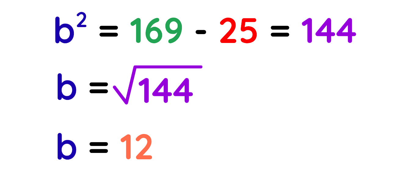 Pythagoras theorem worked example showing b equals square root of 144 equals 12