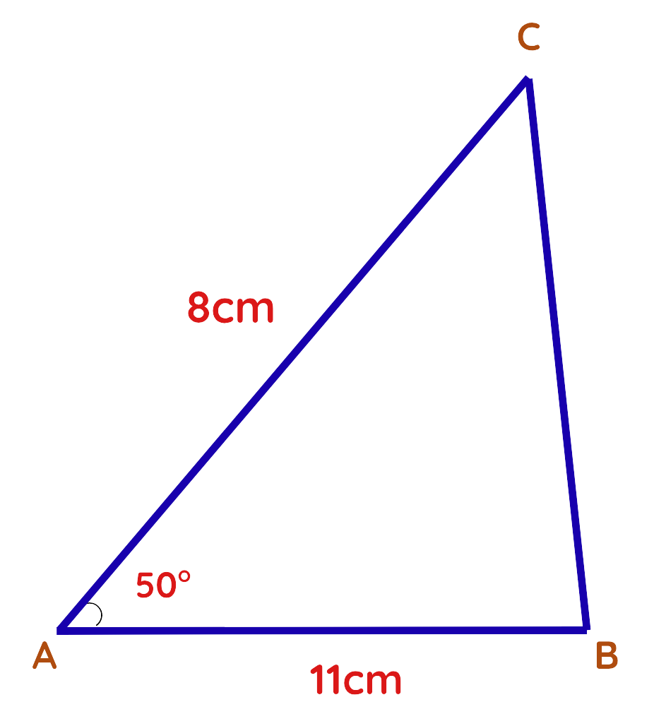 Triangle with sides 8 cm and 11 cm and included angle 50 degrees for area calculation using sine rule