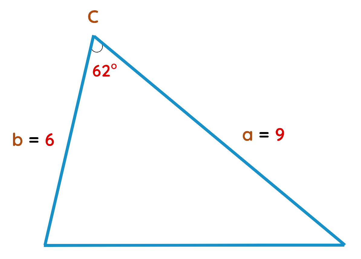 Triangle with sides 9 and 6 and included angle 62 degrees for area calculation using sine rule