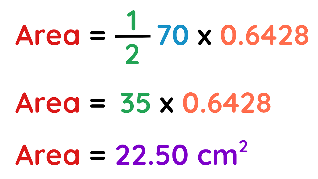 Example solution calculating triangle area using sine rule with sides 10 cm and 7 cm and angle 40 degrees