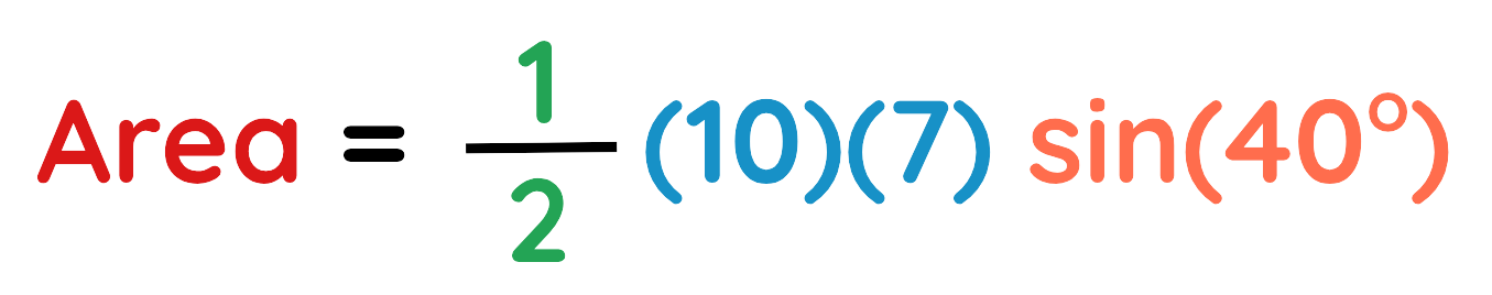 Area formula using sine rule with sides 10 and 7 and included angle 40 degrees