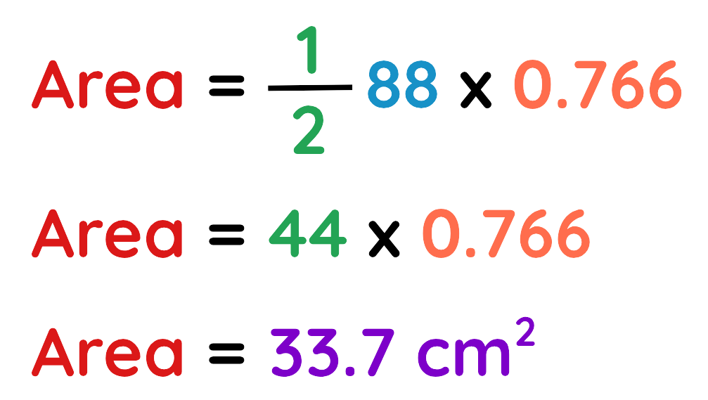 Solution steps for calculating area using sine rule with half times 88 times sin 50 equals 33.7 cm squared
