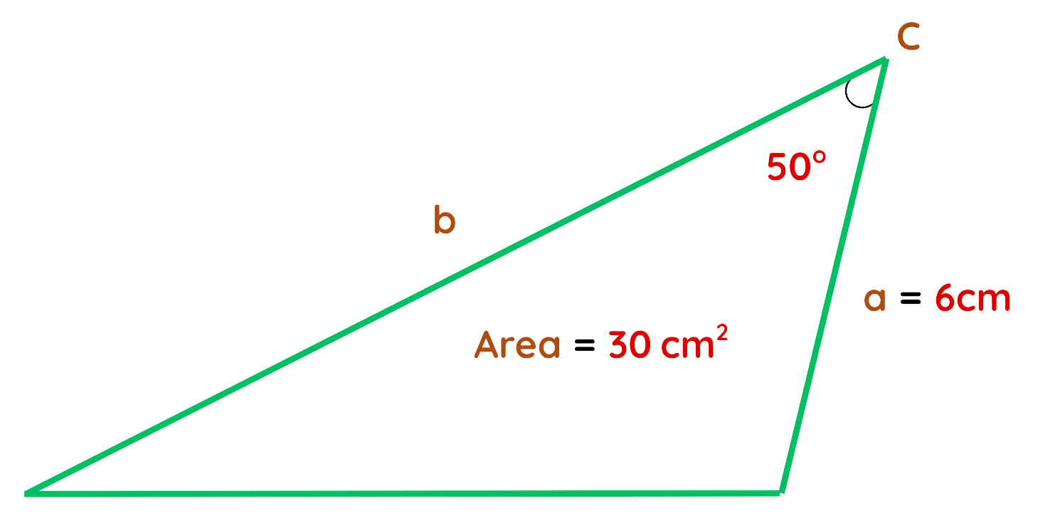 Triangle question showing side a equals 6 cm, angle 50 degrees, and area 30 cm squared to find missing side b