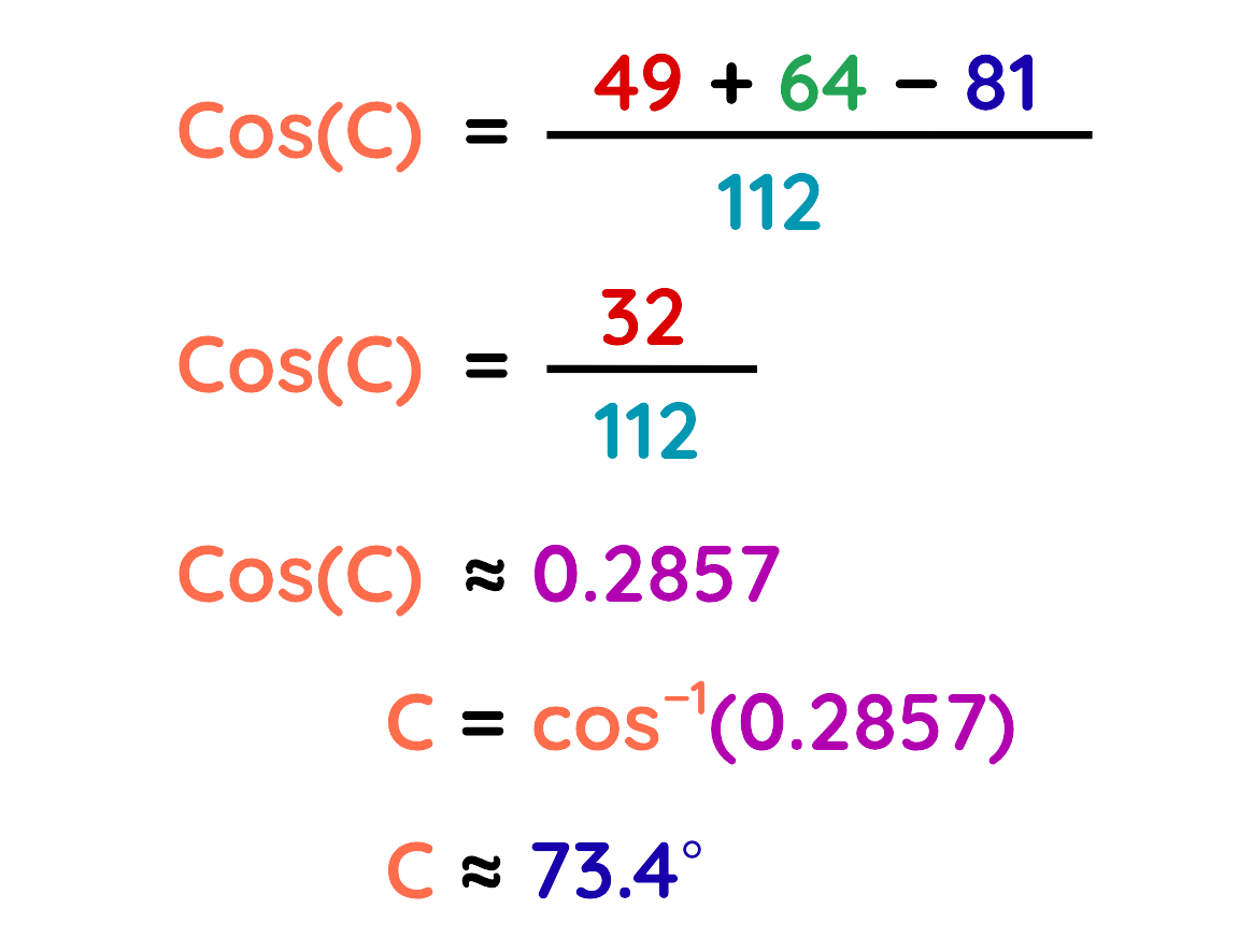 Worked solution using Cosine Rule to find angle C with calculation steps