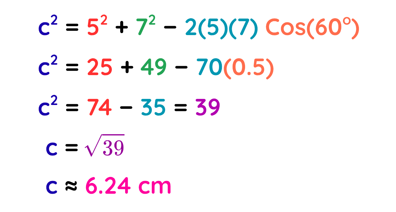 Cosine Rule calculation example with working steps