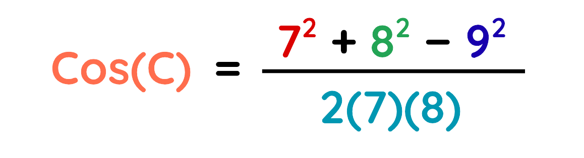 Cosine Rule formula with numbers substituted to calculate angle C