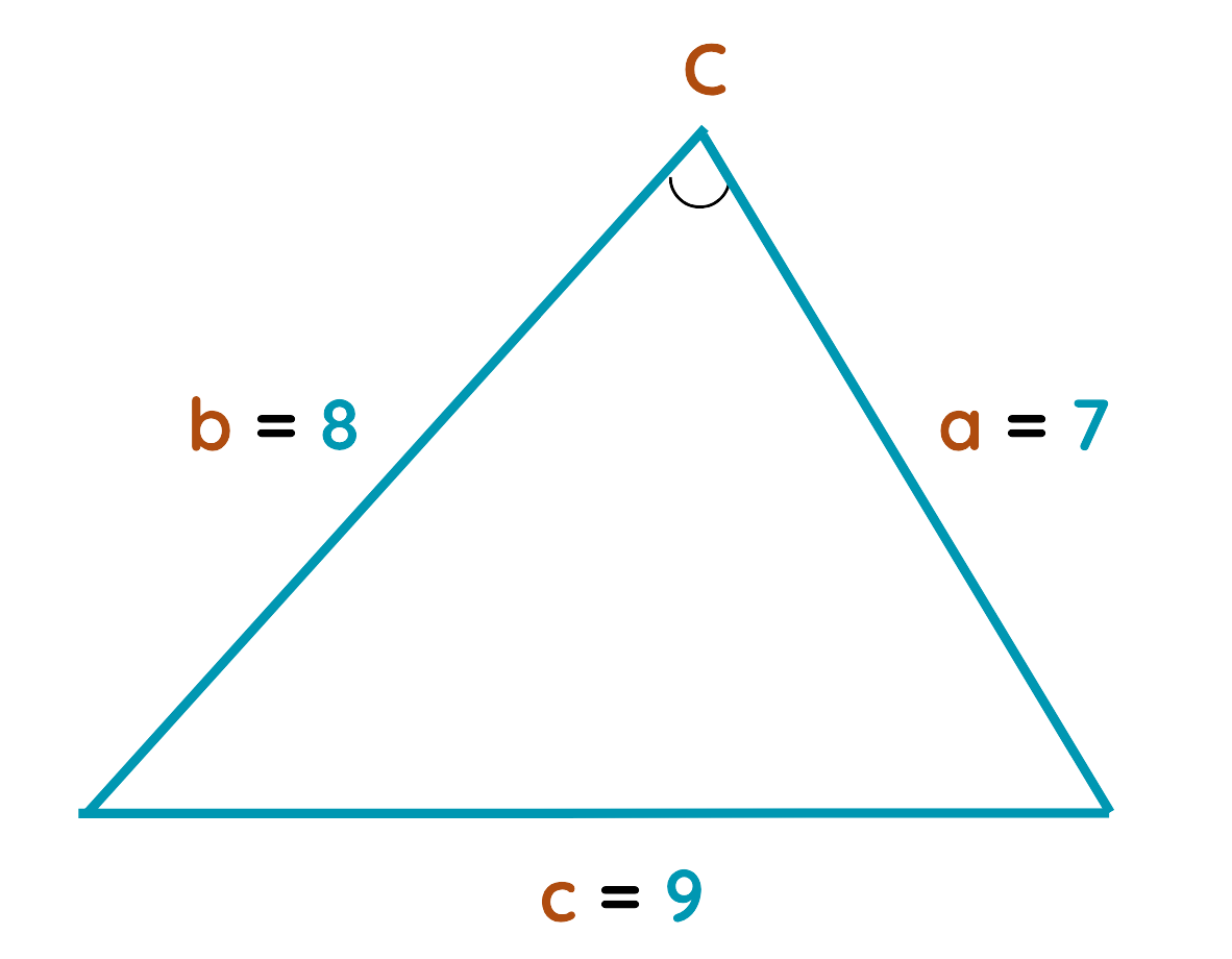 Triangle with sides a = 7, b = 8, and c = 9 for Cosine Rule calculation