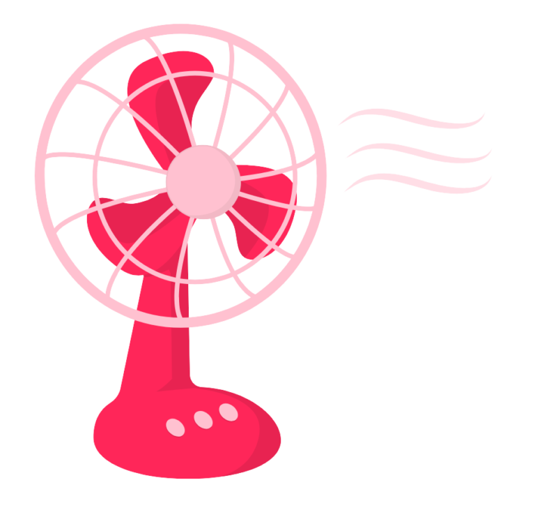 Cartoon image of an electric fan showing energy transfer from electrical energy to kinetic energy and airflow for GCSE Physics.