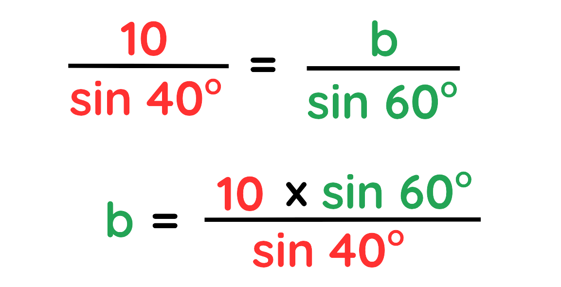 Law of Sine example showing how to rearrange the formula to calculate an unknown side