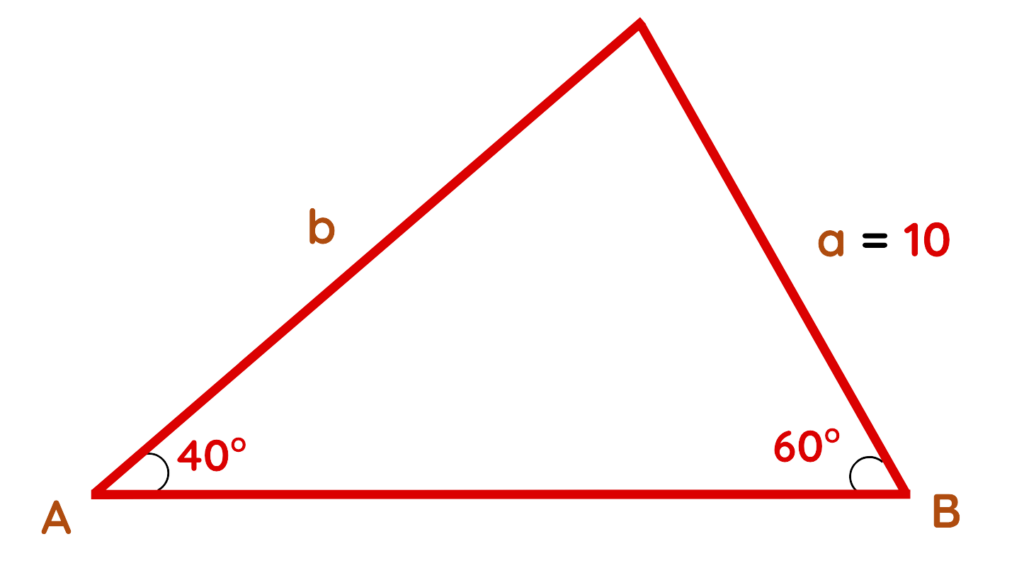 Triangle with sides and angles labeled for Law of Sine calculation showing side a equals 10 and angles 40 and 60 degrees