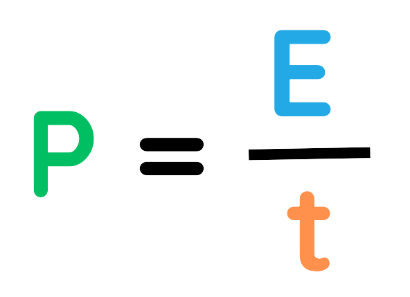 Formula showing P equals E divided by t for GCSE energy and power calculations.