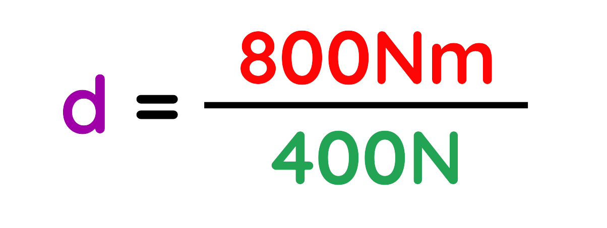 Example calculation showing distance equals 800 Nm divided by 400 N for rotational force GCSE