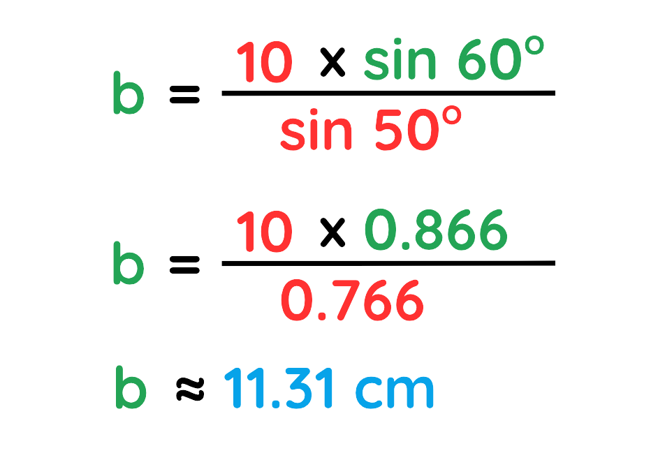 Sine Rule calculation steps showing b equals 10 times sin 60 divided by sin 50 equals 11.31 cm